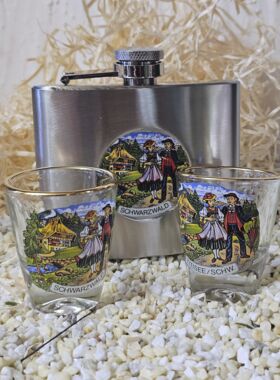 Flachmann Schwarzwald mit 2 Schnapsstamper