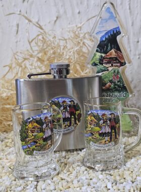 Flachmann Schwarzwald mit 2 Henkel Schnapsstamper und Kirschwasserb&auml;umle