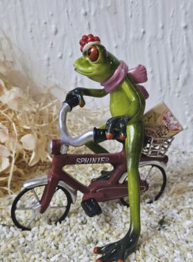 Gl&uuml;cksfrosch Pizza-Pote mit rotem Fahrrad und Pizzaschachtel