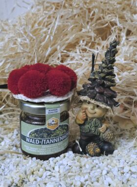 Honig Wichtel Alois mit Waldhonig und Bollenhut rot