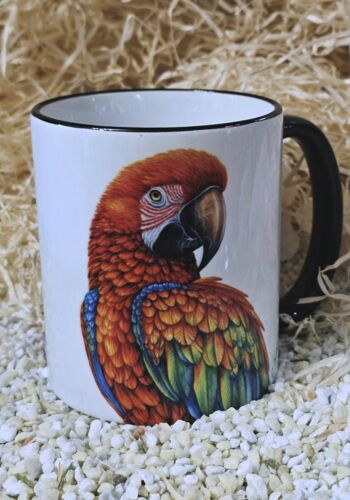 TAWL1003 Wildparadiestasse Papagei im Dschungel weiss schwarzer Rand schwarzer Henkel