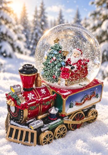 SCHK1100 Spieluhr Schneekugel mit Lokomotive mit Nikolaus und Tannenbaum
