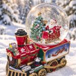 SCHK1100 Spieluhr Schneekugel mit Lokomotive mit Nikolaus und Tannenbaum